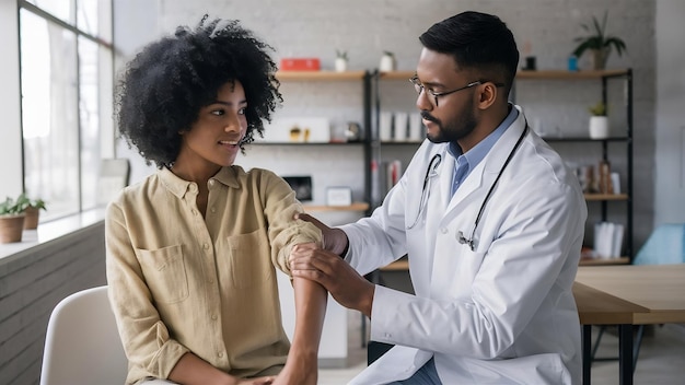 Mulher jovem sendo examinada no braço e no cotovelo por um ortopedista masculino em uma consulta médica na clínica