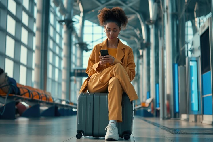 Foto mulher jovem senta-se em uma mala cinzenta no terminal do aeroporto vestindo uma jaqueta amarela vibrante e sapatos brancos