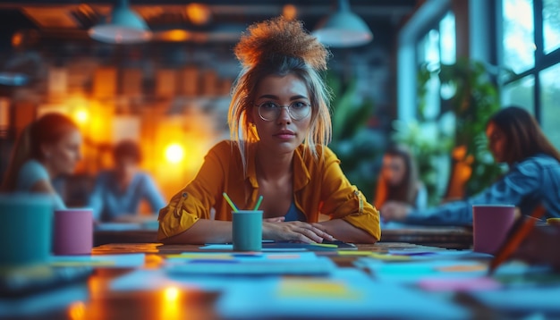 Foto mulher jovem sentada à mesa com uma chávena de café e olhando para a câmera enquanto seus amigos estão trabalhando ao fundo