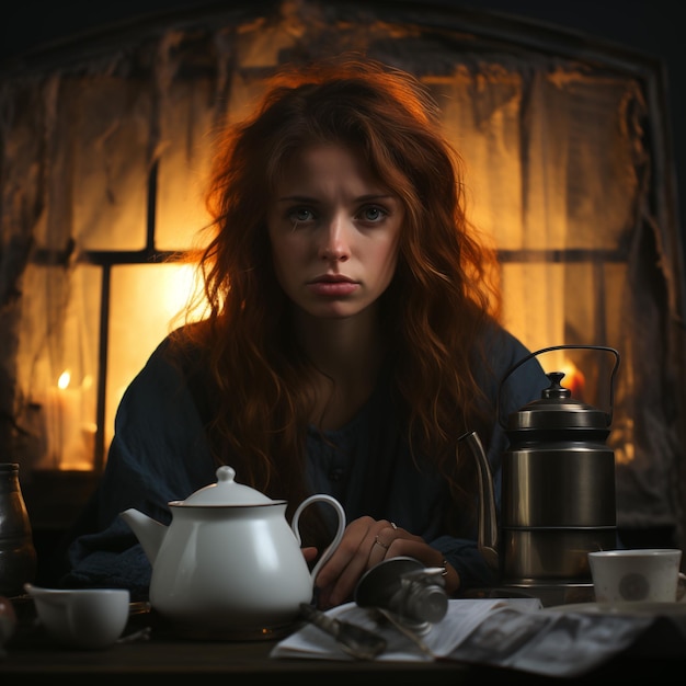 Mulher jovem sentada à mesa com uma chávena de chá e um livro