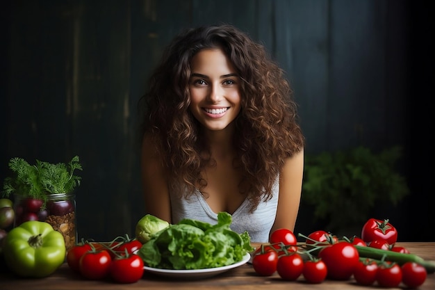 Mulher jovem sentada diante da mesa com legumes