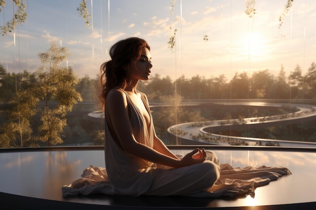 Mulher jovem sentada e meditando no telhado criado com IA generativa