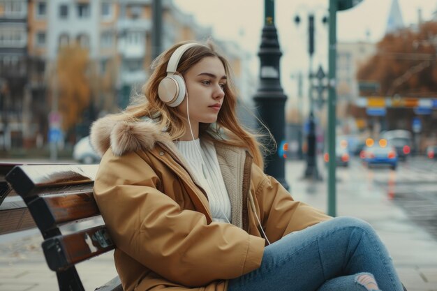 Mulher jovem sentada em um banco e ouvindo música com fones de ouvido