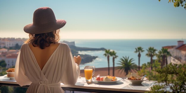 Mulher jovem sentada em uma mesa em um restaurante de hotel com vista para trás férias de verão em um quarto de luxo à beira-mar IA generativa