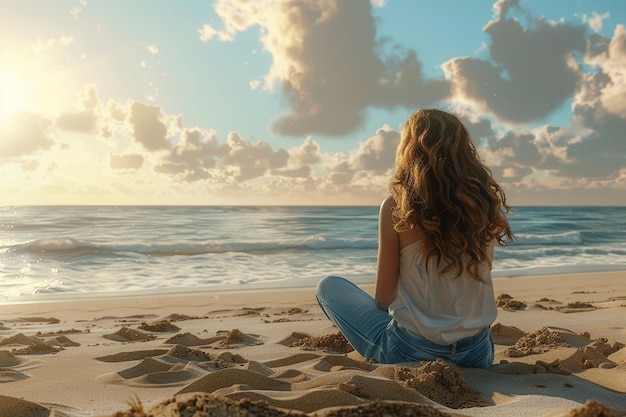 Mulher jovem sentada na areia e vendo o w