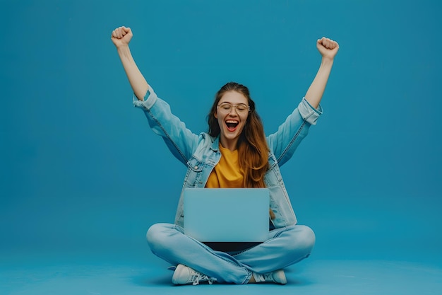 Foto mulher jovem sentada no chão com seu laptop