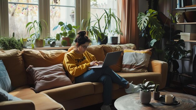 Foto mulher jovem sentada no sofá e trabalhando em seu laptop ela está vestindo roupas casuais e tem o cabelo em um pão