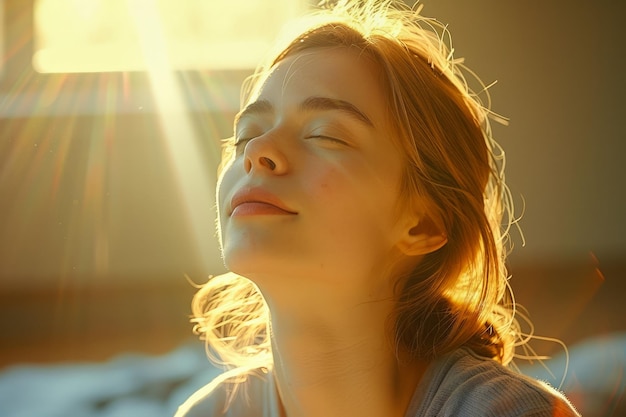 Mulher jovem serena desfrutando do sol da hora dourada com os olhos fechados Sentindo paz e relaxamento