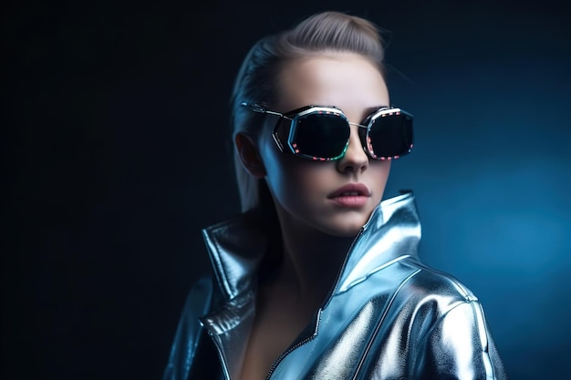 Mulher jovem sexy usando óculos futuristas e estilo de moda generativo de roupas AI