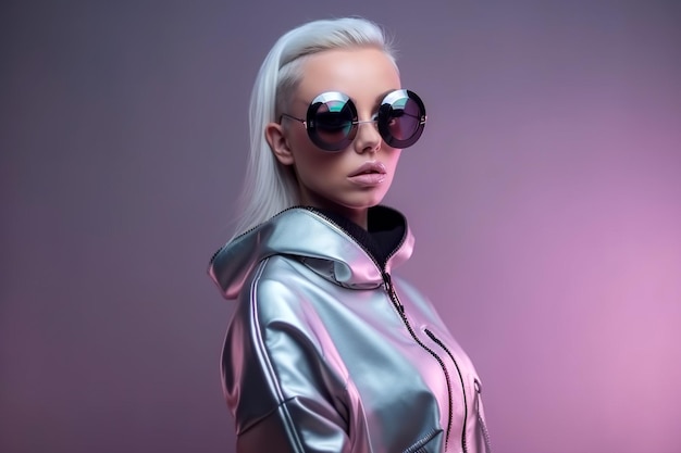 Mulher jovem sexy usando óculos futuristas estilo de moda cósmica generativa AI
