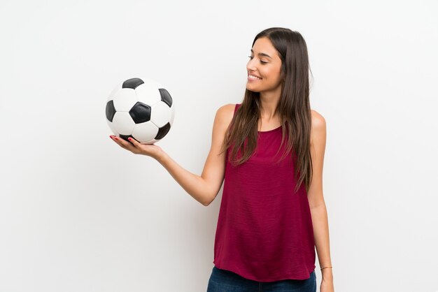 Mulher jovem, sobre, isolado, branca, segurando, um, bola futebol