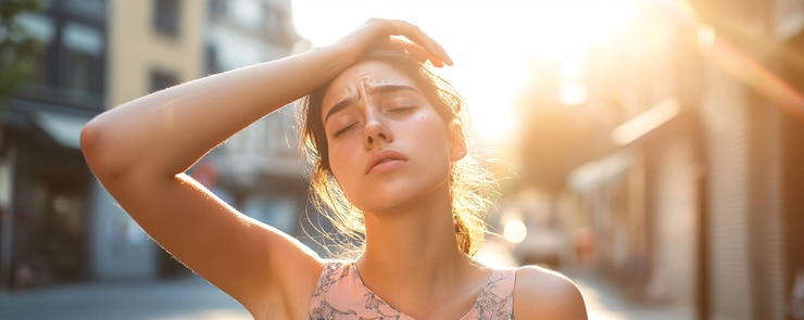 Foto mulher jovem sofrendo de forte dor de cabeça ao ar livre na cidade