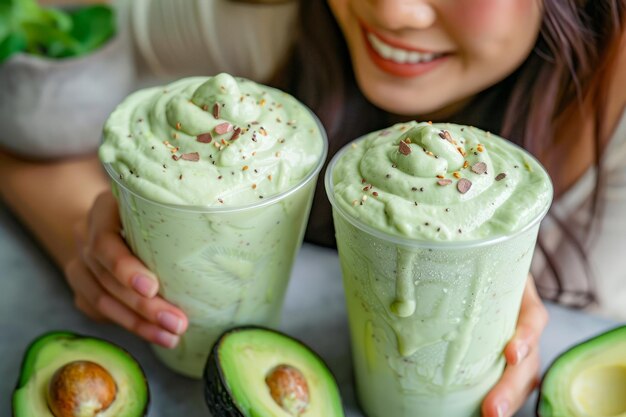 Foto mulher jovem sorridente a desfrutar de smoothies de abacate frescos bebida vegana verde saudável de perto