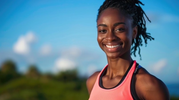 Mulher jovem sorridente ao ar livre com fundo de céu azul