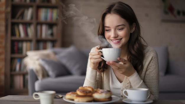 Mulher jovem sorridente bebendo chá ou café saboroso em casa