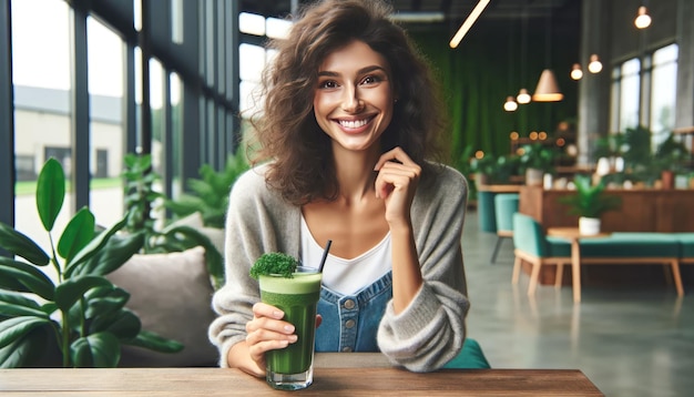 Mulher jovem sorridente bebendo um smoothie verde saudável em um ambiente de café moderno