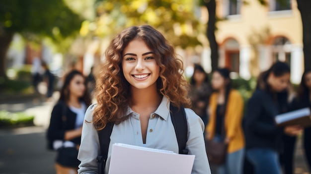 Mulher jovem sorridente com cabelos cacheados segurando um caderno