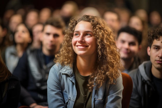 Mulher jovem sorridente com cabelos encaracolados em um grupo de pessoas diversas sentadas em uma sala de aula