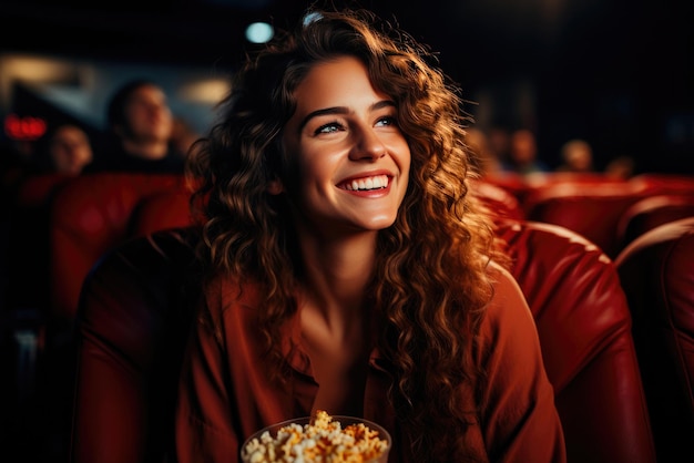 Mulher jovem sorridente com cabelos encaracolados segura pipoca em suas mãos e senta-se no cinema apreciando um filme