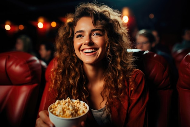 Foto mulher jovem sorridente com cabelos encaracolados segura pipocas em suas mãos e senta-se no cinema desfrutando de assistir a um filme