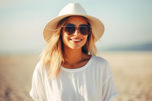 Mulher jovem sorridente com chapéu e óculos de sol na praia