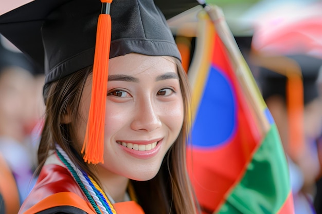 Mulher jovem sorridente com chapéu e vestido de formatura com bandeiras coloridas em fundo durante