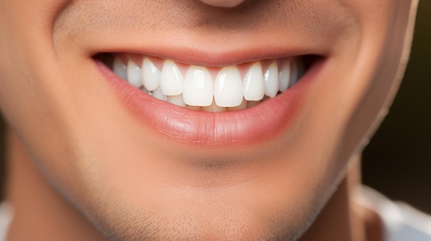 mulher jovem sorridente com dentes em close de fundo cinza