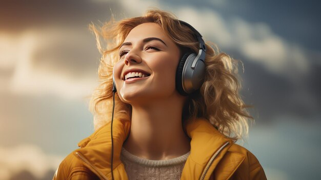 Mulher jovem sorridente com fones de ouvido ouvindo música no fundo do céu