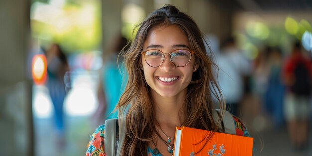 Foto mulher jovem sorridente com óculos segurando livros no campus