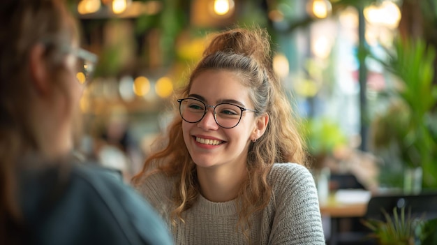 Mulher jovem sorridente com óculos tendo uma conversa em um ambiente aconchegante de café