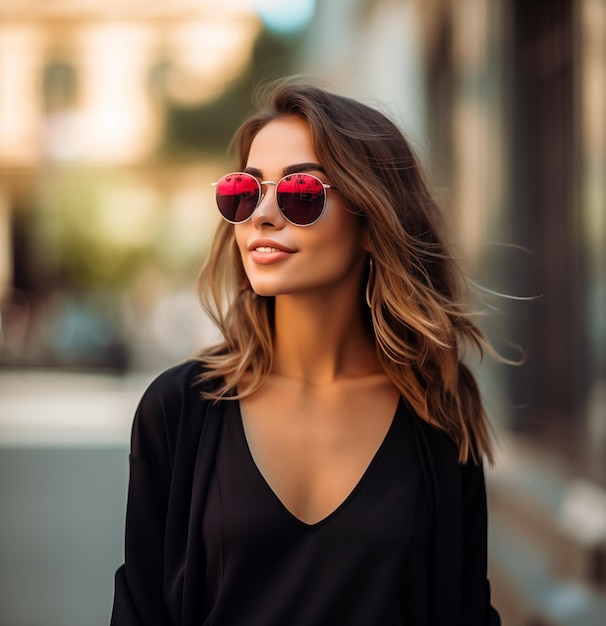 Mulher jovem sorridente com roupas pretas e óculos de sol pretos