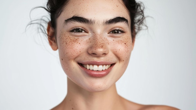 Foto mulher jovem sorridente com sardas e uma pele brilhante e saudável