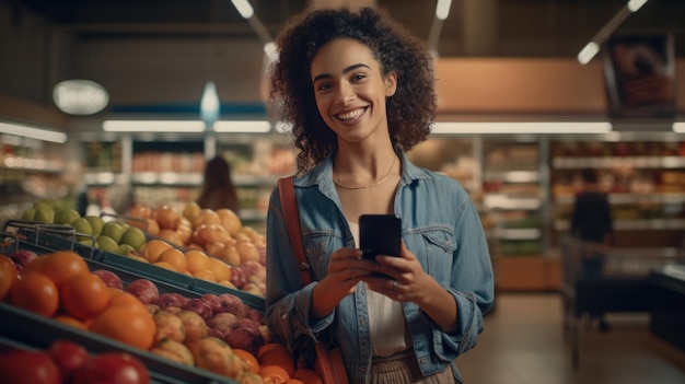 Mulher jovem sorridente com telefone inteligente fazendo compras no supermercado