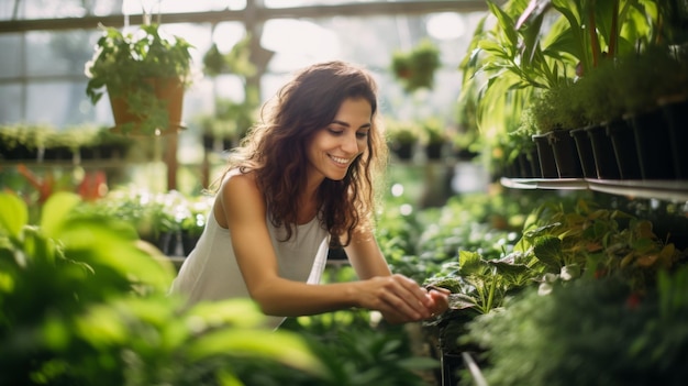 Mulher jovem sorridente cuidando de plantas em um ambiente de estufa exuberante