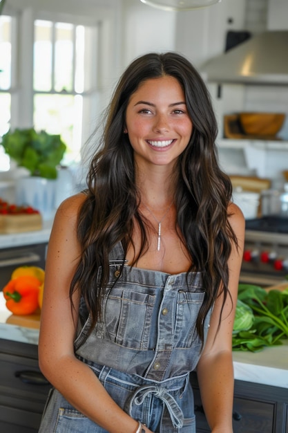 Foto mulher jovem sorridente de avental de pé na cozinha brilhante com legumes frescos na bancada