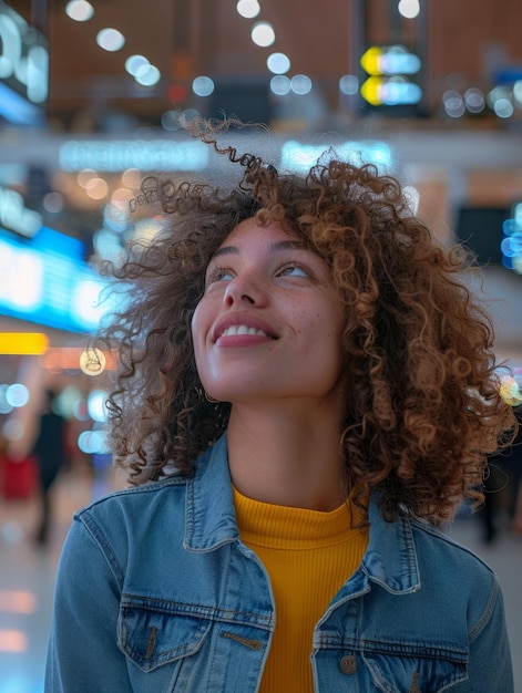 Mulher jovem sorridente de pé dentro do terminal do aeroporto ocupado viagem há muito esperada