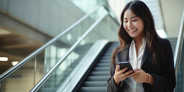 Mulher jovem sorridente de terno de pé em uma escada rolante da cidade usa aplicativos em um telefone móvel lê as notícias
