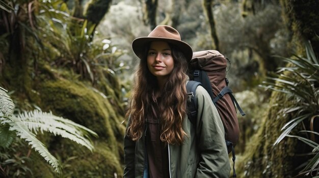 Foto mulher jovem sorridente em aventura na floresta com cabelo longo