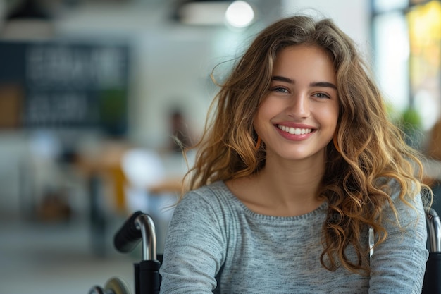 Mulher jovem sorridente em cadeira de rodas a trabalhar no escritório espaço livre ai gerado