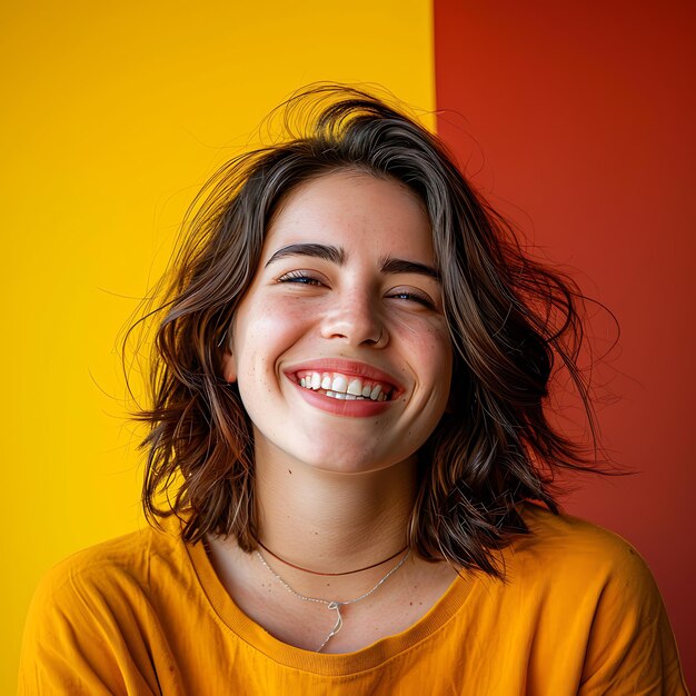 Mulher jovem sorridente em fundo amarelo e vermelho vibrante