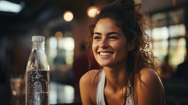 Mulher jovem sorridente em roupas esportivas bebendo água e conversando com um amigo depois de uma aula de exercícios de ginástica