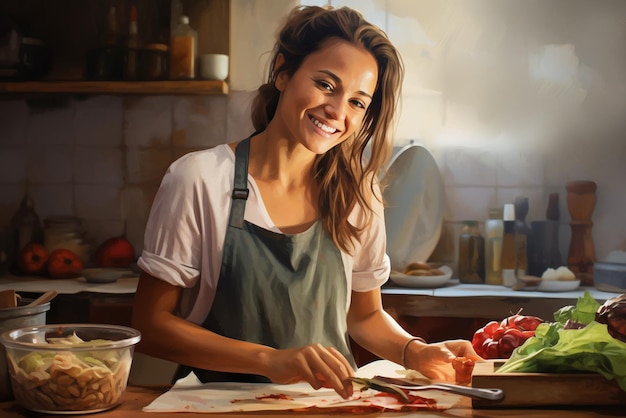 Foto mulher jovem sorridente em sua cozinha