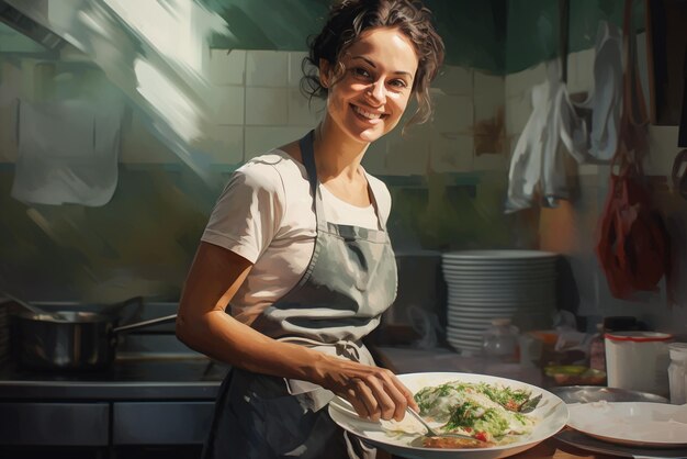 Foto mulher jovem sorridente em sua cozinha