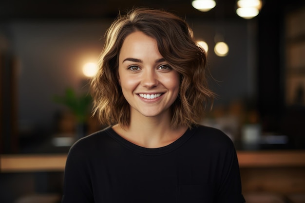 Mulher jovem sorridente em uma camiseta preta