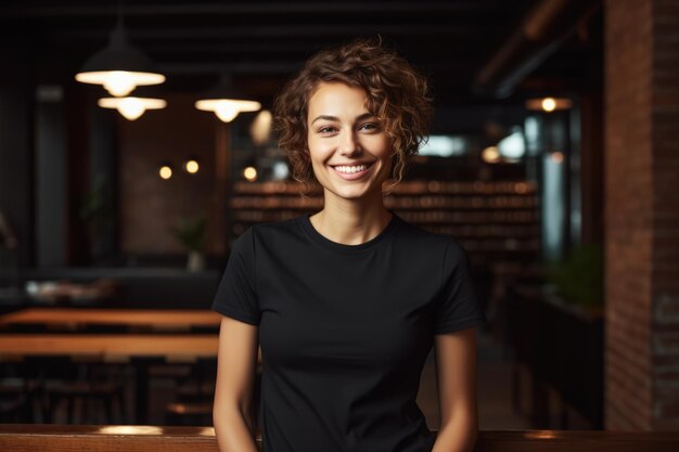 Mulher jovem sorridente em uma camiseta preta