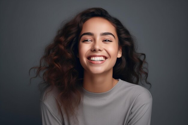 Mulher jovem sorridente feliz isolada em fundo cinza