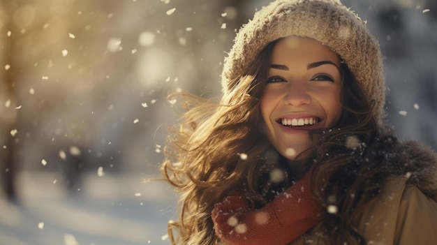 Foto mulher jovem sorridente na floresta de inverno desfrutando da neve e da natureza