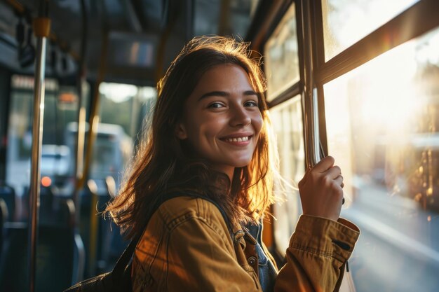 Mulher jovem sorridente segurando uma alça enquanto viaja de ônibus público