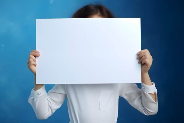 Mulher jovem sorridente segurando uma placa em branco na frente de seu rosto para fácil personalização Generative AI