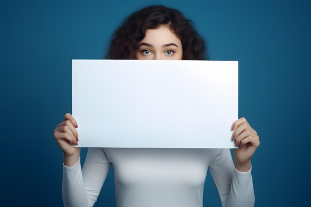 Mulher jovem sorridente segurando uma placa em branco na frente de seu rosto para fácil personalização Generative AI